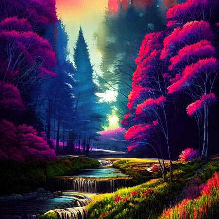 Beautiful Colorful Countryside and Cottage Illustrationの素材