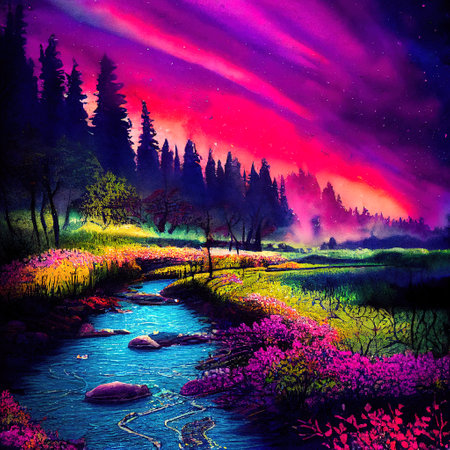 Beautiful Colorful Countryside and Cottage Illustrationの素材