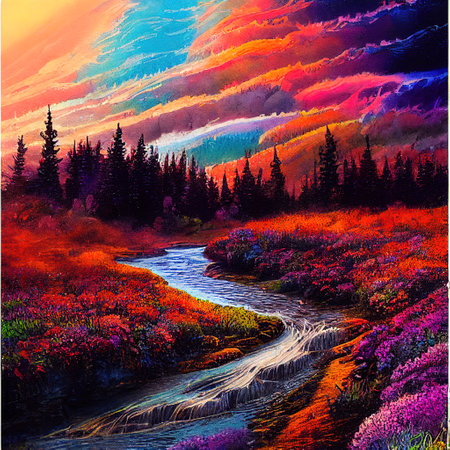 Beautiful Colorful Countryside and Cottage Illustrationの素材