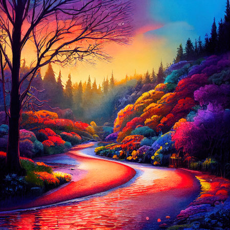 Beautiful Colorful Countryside and Cottage Illustrationの素材