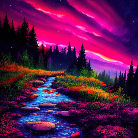 Beautiful Colorful Countryside and Cottage Illustrationの素材