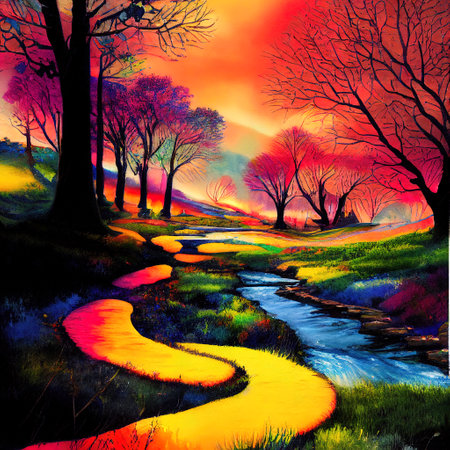 Beautiful Colorful Countryside and Cottage Illustrationの素材