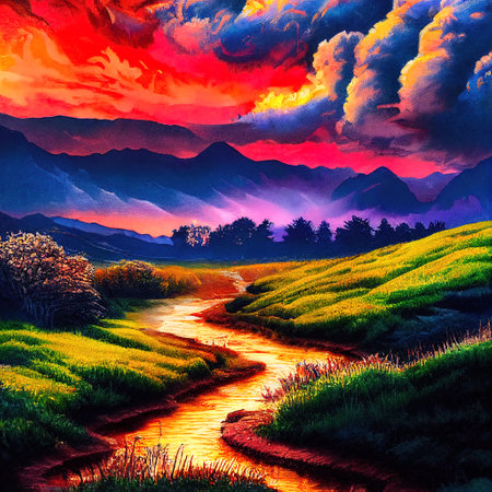 Beautiful Colorful Countryside and Cottage Illustrationの素材
