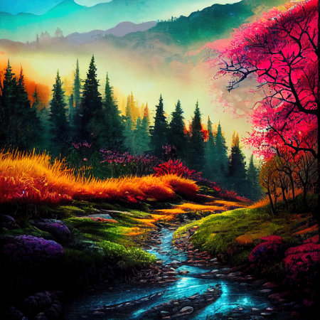 Beautiful Colorful Countryside and Cottage Illustrationの素材