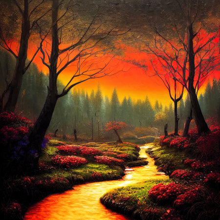 Beautiful Colorful Countryside and Cottage Illustrationの素材