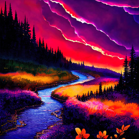 Beautiful Colorful Countryside and Cottage Illustrationの素材