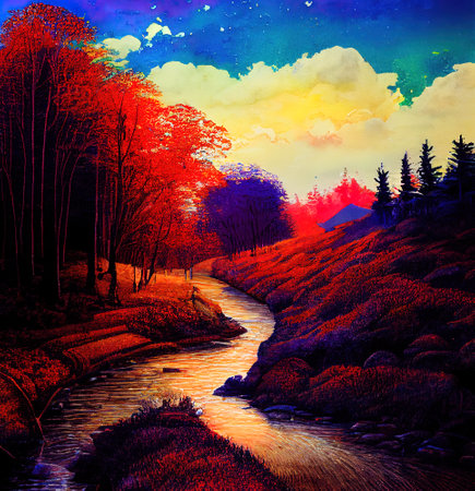 Beautiful Colorful Countryside and Cottage Illustrationの素材