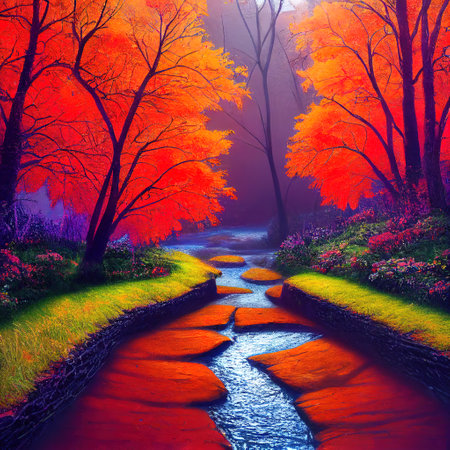 Beautiful Colorful Countryside and Cottage Illustrationの素材