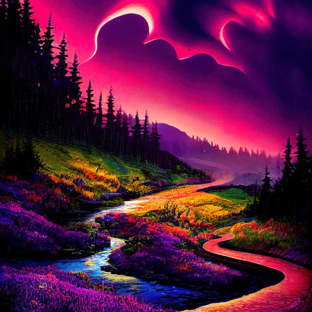 Beautiful Colorful Countryside and Cottage Illustrationの素材