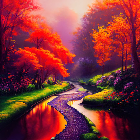 Beautiful Colorful Countryside and Cottage Illustrationの素材