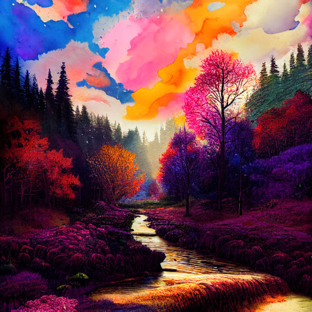 Beautiful Colorful Countryside and Cottage Illustrationの素材