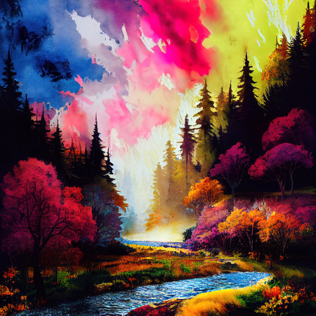Beautiful Colorful Countryside and Cottage Illustrationの素材