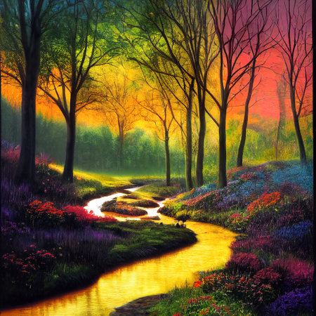 Beautiful Colorful Countryside and Cottage Illustrationの素材