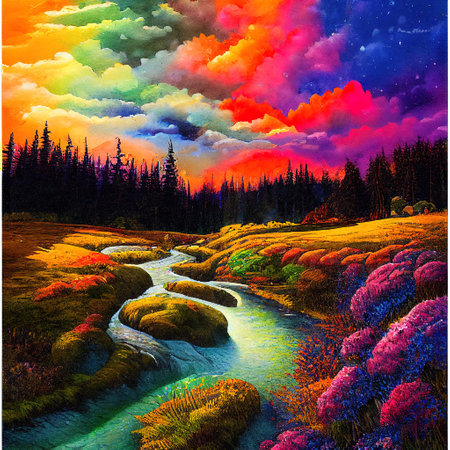 Beautiful Colorful Countryside and Cottage Illustrationの素材
