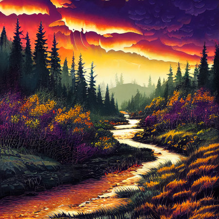 Beautiful Colorful Countryside and Cottage Illustrationの素材