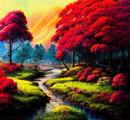 Beautiful Colorful Countryside and Cottage Illustrationの素材