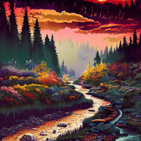 Beautiful Colorful Countryside and Cottage Illustrationの素材