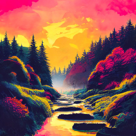 Beautiful Colorful Countryside and Cottage Illustrationの素材