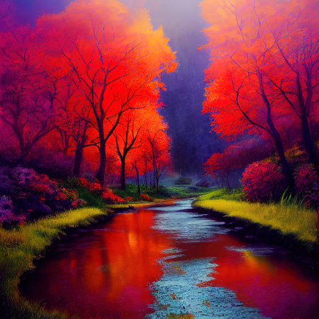 Beautiful Colorful Countryside and Cottage Illustrationの素材
