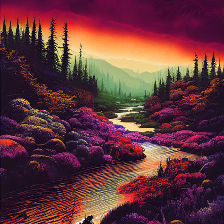 Beautiful Colorful Countryside and Cottage Illustrationの素材