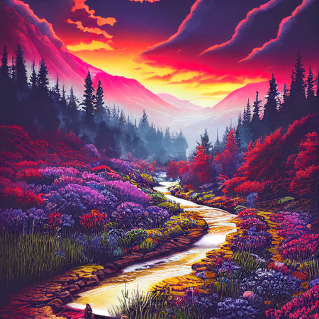 Beautiful Colorful Countryside and Cottage Illustrationの素材