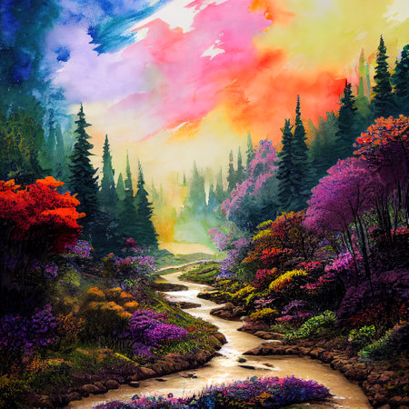 Beautiful Colorful Countryside and Cottage Illustrationの素材