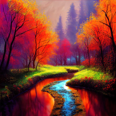 Beautiful Colorful Countryside and Cottage Illustrationの素材