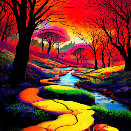 Beautiful Colorful Countryside and Cottage Illustrationの素材