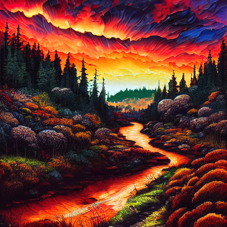 Beautiful Colorful Countryside and Cottage Illustrationの素材