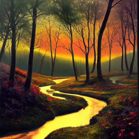 Beautiful Colorful Countryside and Cottage Illustrationの素材