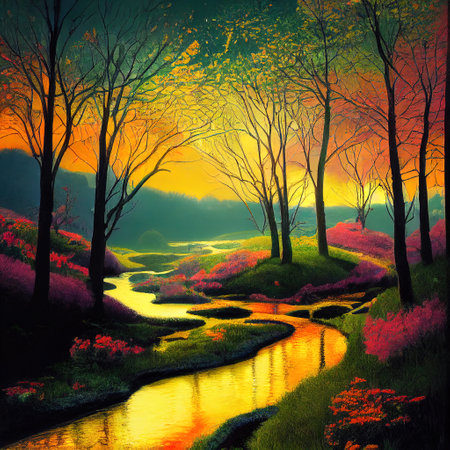 Beautiful Colorful Countryside and Cottage Illustrationの素材