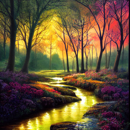 Beautiful Colorful Countryside and Cottage Illustrationの素材