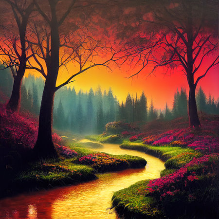 Beautiful Colorful Countryside and Cottage Illustrationの素材