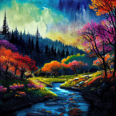 Beautiful Colorful Countryside and Cottage Illustrationの素材