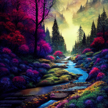 Beautiful Colorful Countryside and Cottage Illustrationの素材