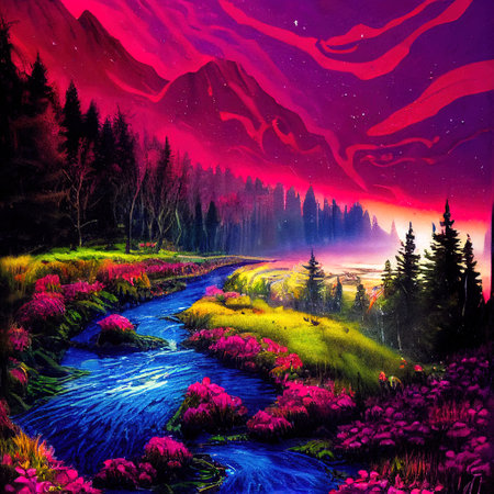 Beautiful Colorful Countryside and Cottage Illustrationの素材