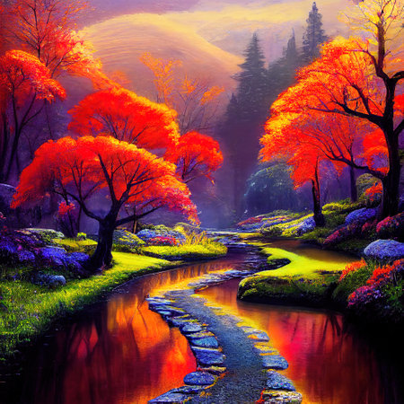Beautiful Colorful Countryside and Cottage Illustrationの素材