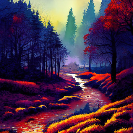 Beautiful Colorful Countryside and Cottage Illustrationの素材