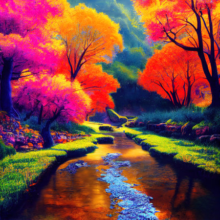 Beautiful Colorful Countryside and Cottage Illustrationの素材
