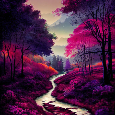 Beautiful Colorful Countryside and Cottage Illustrationの素材