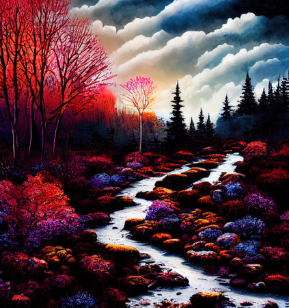 Beautiful Colorful Countryside and Cottage Illustrationの素材