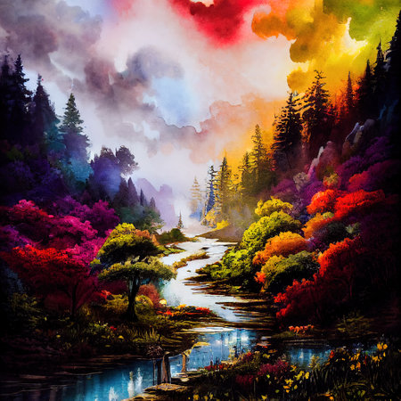 Beautiful Colorful Countryside and Cottage Illustrationの素材