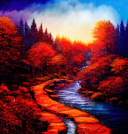Beautiful Colorful Countryside and Cottage Illustrationの素材