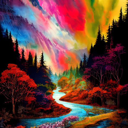 Beautiful Colorful Countryside and Cottage Illustrationの素材
