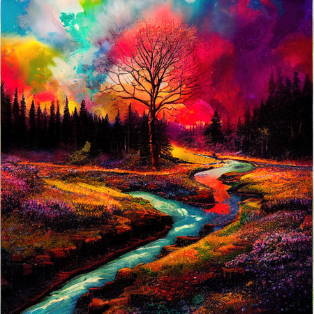 Beautiful Colorful Countryside and Cottage Illustrationの素材