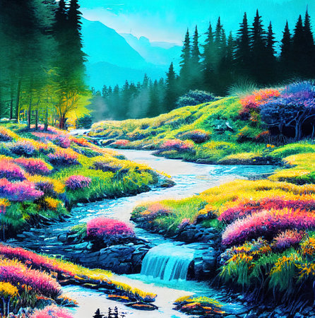 Beautiful Colorful Countryside and Cottage Illustrationの素材