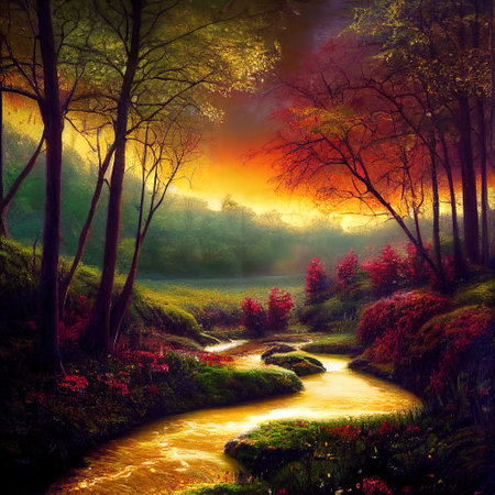 Beautiful Colorful Countryside and Cottage Illustrationの素材