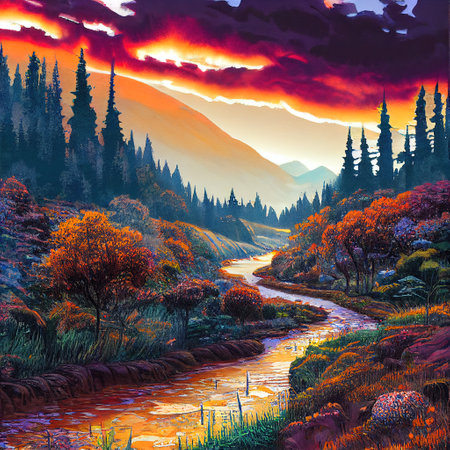 Beautiful Colorful Countryside and Cottage Illustrationの素材
