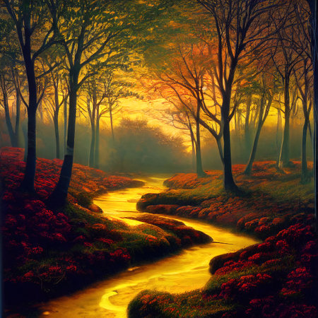 Beautiful Colorful Countryside and Cottage Illustrationの素材