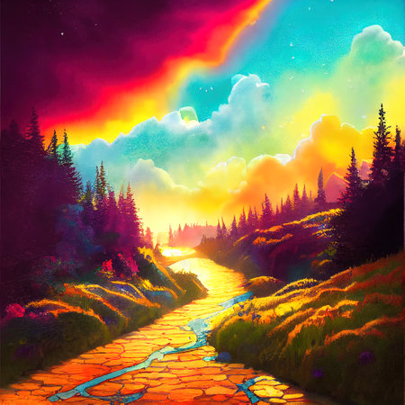 Beautiful Colorful Countryside and Cottage Illustrationの素材